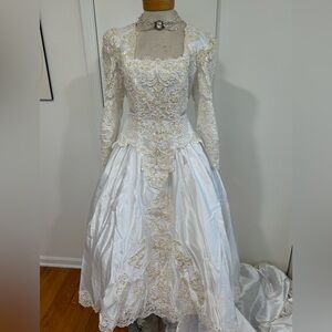 Moonlight Vintage Wedding Gown & Veil Sequins, Pearl Beading, Long Train